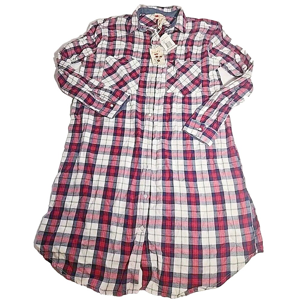 Poof! Clothing Flannel Shirt Dress Red Plaid Roll Tab Sleeves NWT Size S